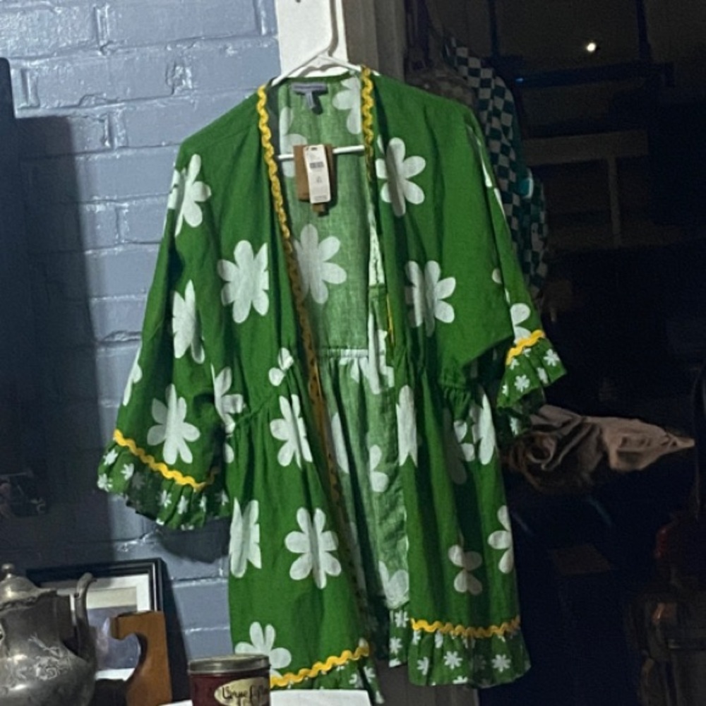 Anthropologie Green and White Floral Swim Coverup